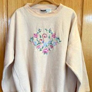 Vintage Second Wind Sweater Solid Beige Soft Pull On Flower Embroidery Sz: L